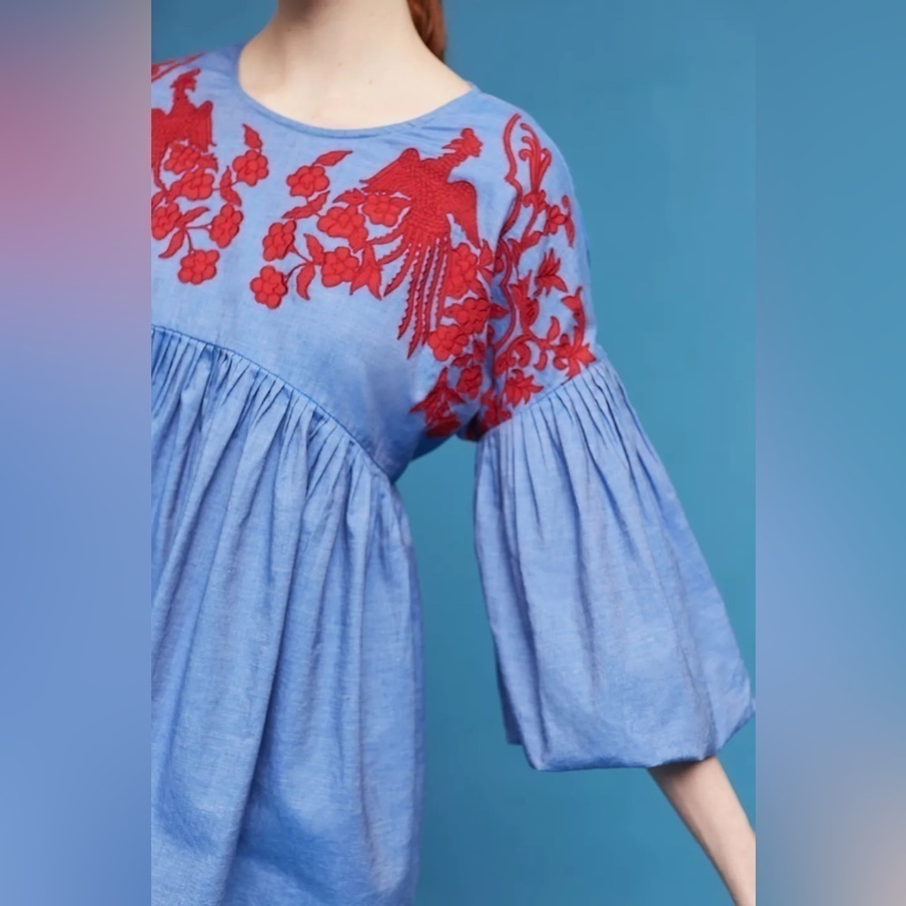 Anthropologie Liana Shirt Blue Red Size Small Balloon Sleeve Boho Embroidered - Picture 3 of 11